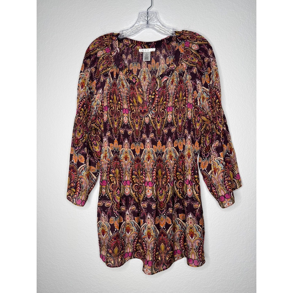 Spense Woman Paisley Scrunched Waist Blouse Plum Orange Bell Sleeve Top Size X